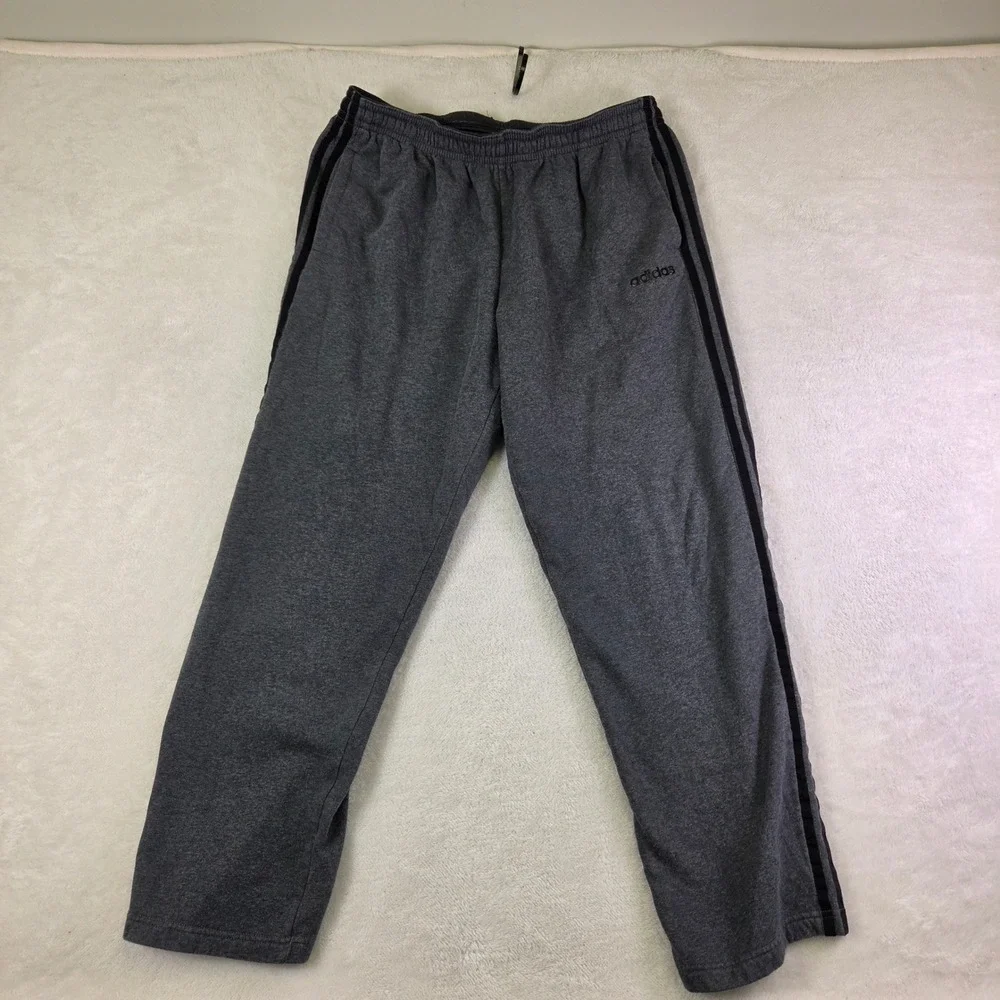 Adidas Mens Heather Gray Black 3-Stripe Fleece Athletic Sweatpants Size L
